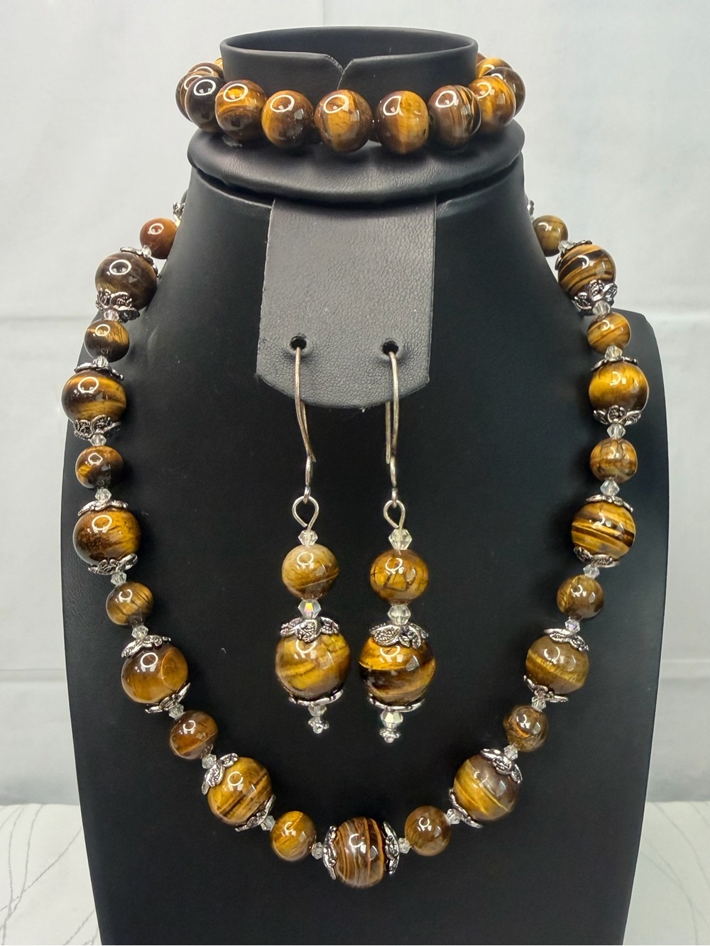 Tiger's Eye Beaded Necklace, Bracelet & Earring Set With Gorgeous Bead Caps